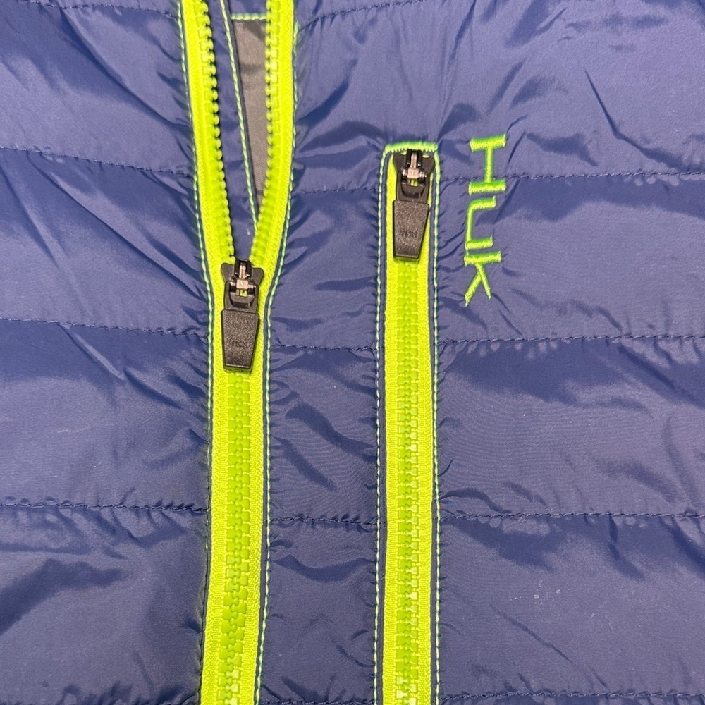 HUK Fishing Jacket Men's XXL Quilted Puffer Zip Up Blue Lime Green - Picture 5 of 10